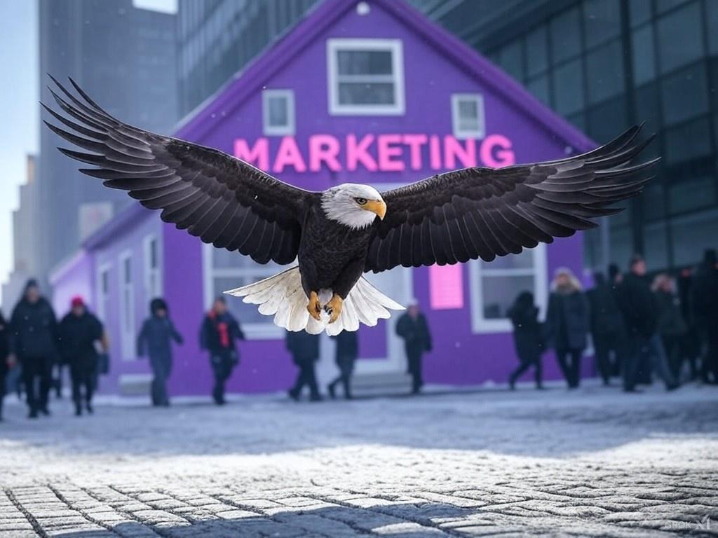 Eagle Flying in front of a sign that says MARKETING